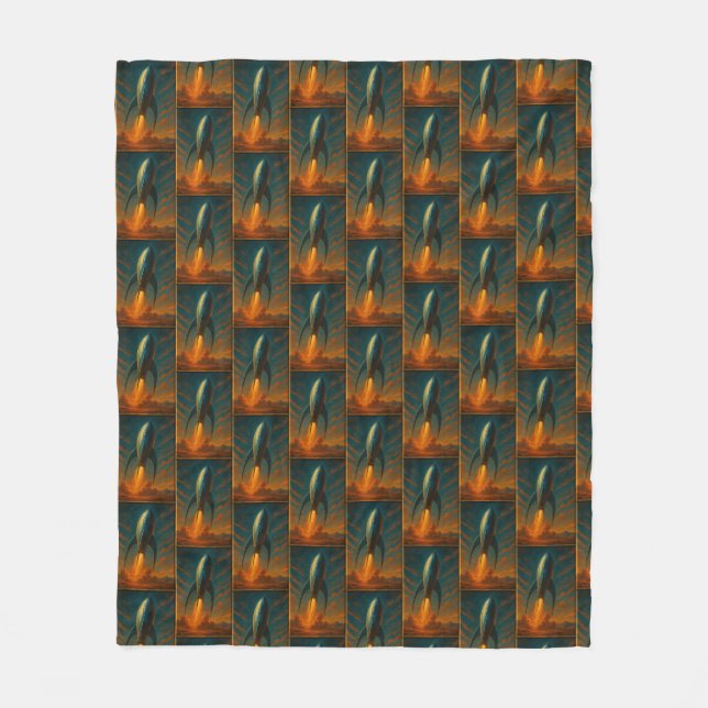 1950s inspired rocket ship  fleece blanket (Front)