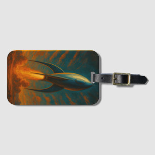 1950s inspired rocket ship luggage tag