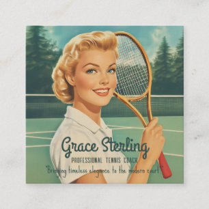 1950s Magazine Illustration Tennis Woman Square Business Card
