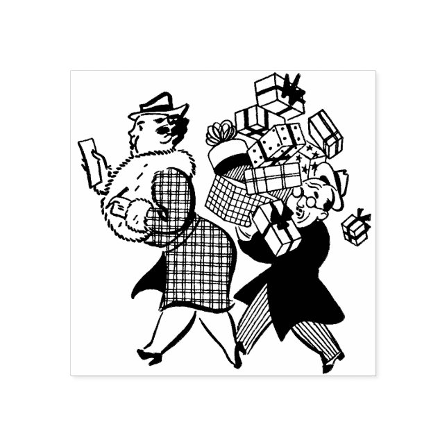 1950s Man and Woman Christmas Shopping Rubber Stamp (Imprint)