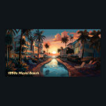 1950s Miami Beach art deco hotel at sunrise Poster<br><div class="desc">Oil painting of a 1950s era art deco style seaside resort hotel in Miami Beach in hard pastel colours and black. View is over an elongated pool of the sun rising over the Atlantic Ocean.</div>