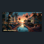 1950s Miami Beach art deco hotel at sunrise Poster<br><div class="desc">Oil painting of a 1950s era art deco style seaside resort hotel in Miami Beach in hard pastel colours and black. View is over an elongated pool of the sun rising over the Atlantic Ocean.</div>