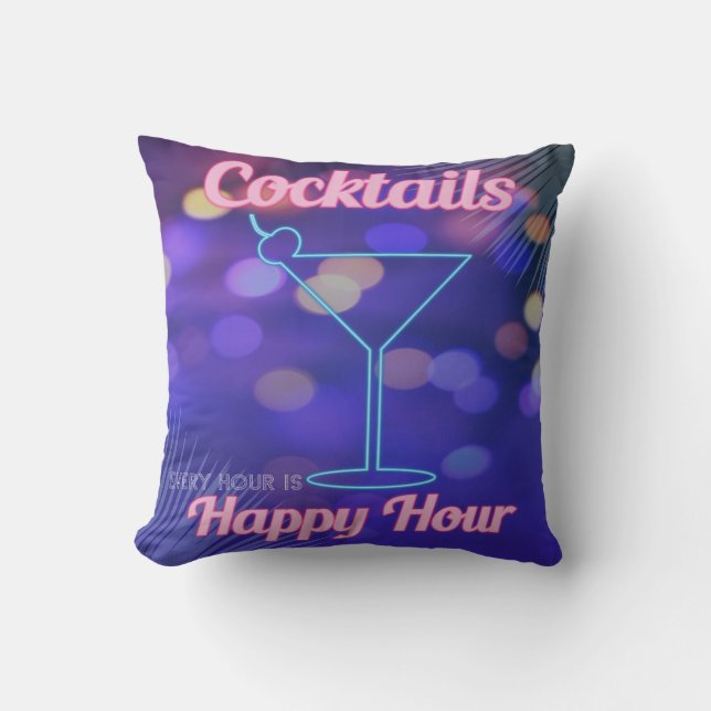 1950s Miami Cocktail Party Neon Blue Pink Bar Sign Cushion (Front)