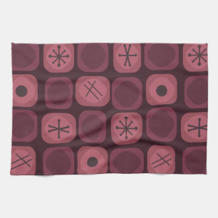 1950s Mod Art Soft Cubes Burgundy Tea Towel