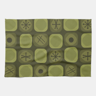 1950s Mod Art Soft Cubes Olive Green Tea Towel