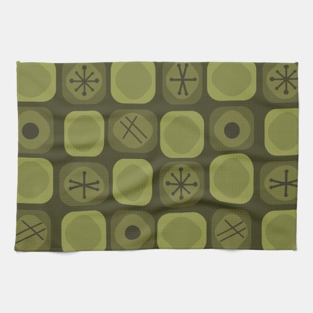 1950s Mod Art Soft Cubes Olive Green Tea Towel (Horizontal)