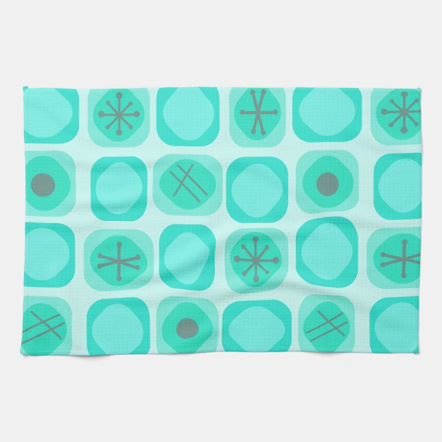 1950s Mod Art Soft Cubes Turquoise Tea Towel (Horizontal)