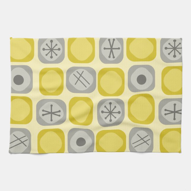 1950s Mod Art Soft Cubes Yellow Grey Tea Towel (Horizontal)
