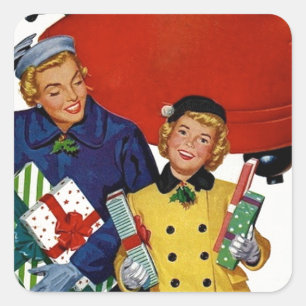 1950s Mum and Daughter Xmas Shopping Square Sticker