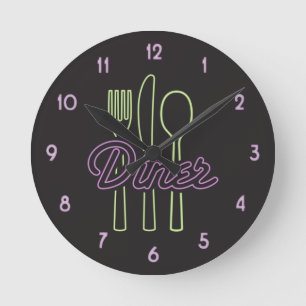 1950s Neon Diner Green, purple silverware Round Clock