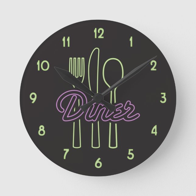 1950s Neon Diner Green, purple silverware Round Clock (Front)