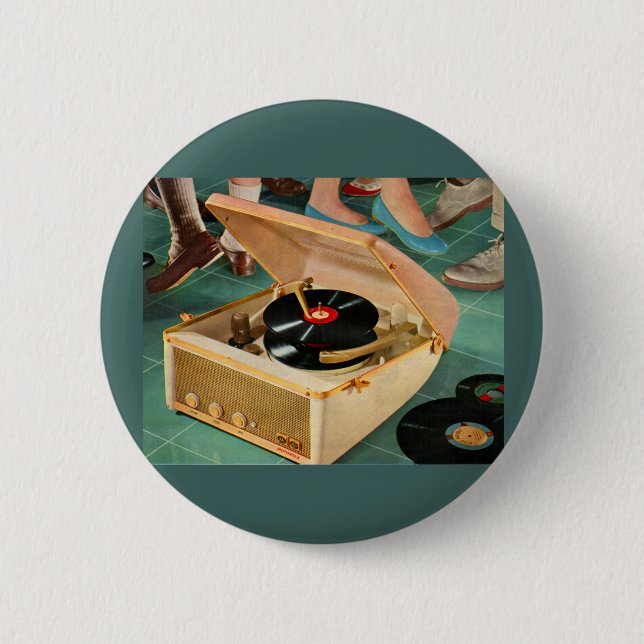 1950s portable record player ad 6 cm round badge (Front)