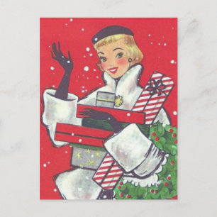 1950s Retro Christmas Shopping Girl Vintage Holiday Postcard