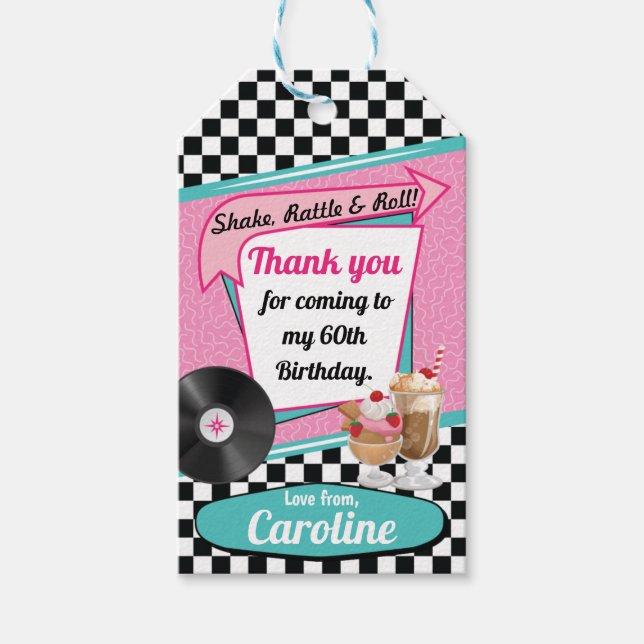 1950's Retro Diner Birthday Party Pink Teal Favor Gift Tags (Front)