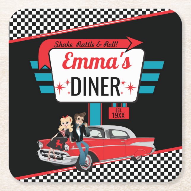 1950's Retro Diner Black/Red Birthday Party Square Paper Coaster (Front)