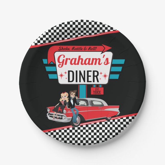 1950's Retro Diner Black, Teal, Red Birthday Party Paper Plate (Front)