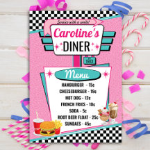1950's Retro Diner Pink & Teal Menu Card