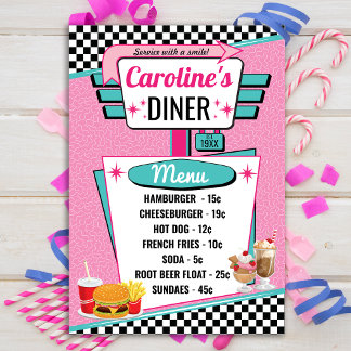 1950's Retro Diner Pink & Teal Menu Card