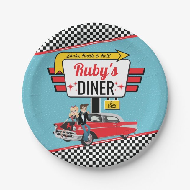 1950's Retro Diner Teal, Red Birthday Party Paper Plate (Front)