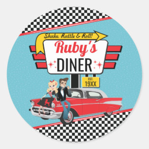 1950's Retro Diner Teal & Red Sock Hop Classic Round Sticker