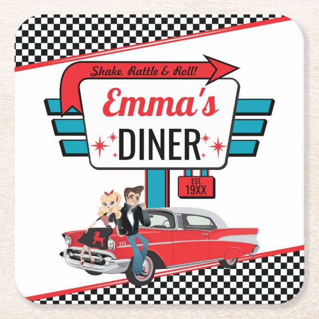 1950's Retro Diner Teal/White/Red Birthday Party Square Paper Coaster (Front)