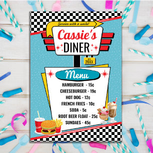 1950's Retro Diner Teal, Yellow & Red Menu Card