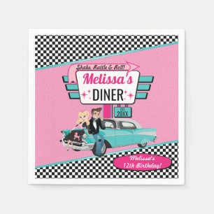 1950's Retro Diner Vintage Car Teal, Pink Birthday Napkin