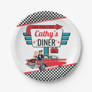 1950's Retro Diner White, Teal, Red Birthday Party Paper Plate
