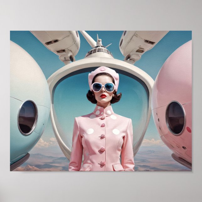 1950s Retro Futurism hostess woman in pink Poster (Front)