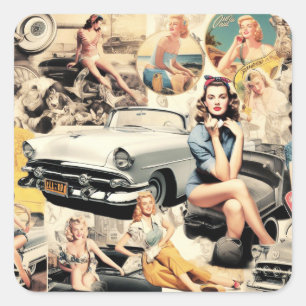 1950S Retro Girls Collage Square Sticker