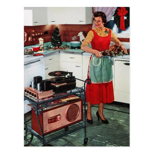 Image of 1950s retro vintage housewife in kitchen & turkey Postcard