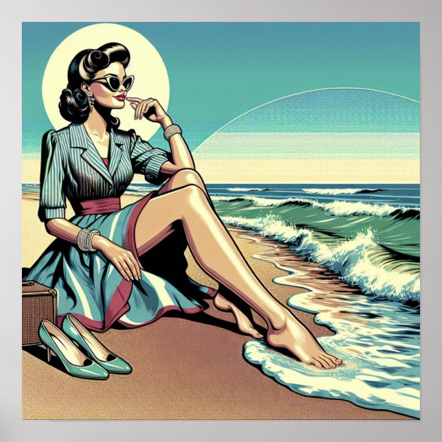 1950's Retro Woman Sitting on the Beach Poster (Front)