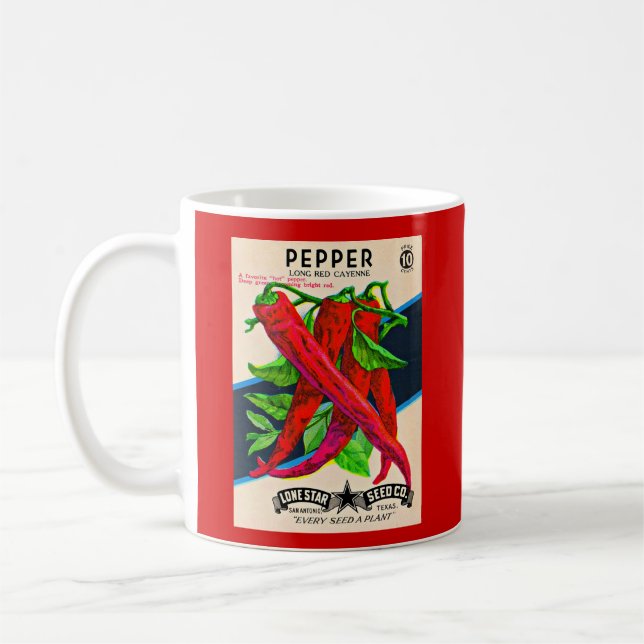 1950s seed packet cayenne pepper print coffee mug (Left)