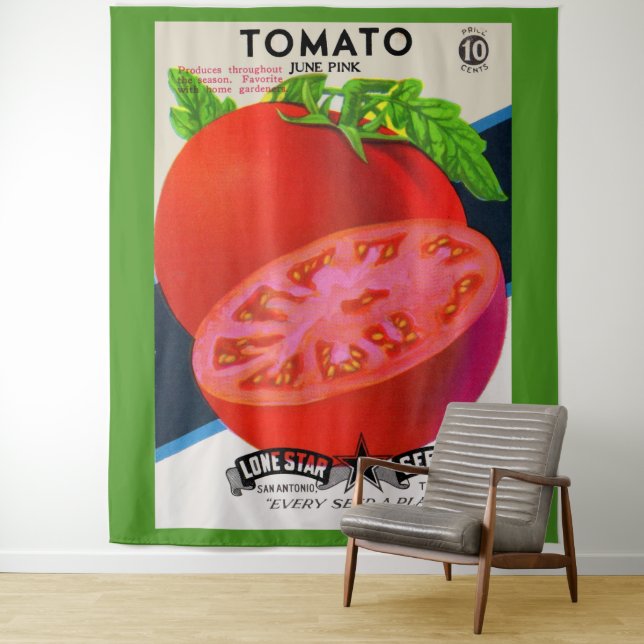  1950s seed packet tomato print tapestry (In Situ)