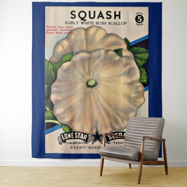 1950s seed packet white squash print tapestry (In Situ)