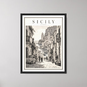 1950s Sicily Italy Vintage Black and White Framed Canvas Print