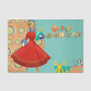 1950s Style Christmas Woman with Presents Tissue Paper