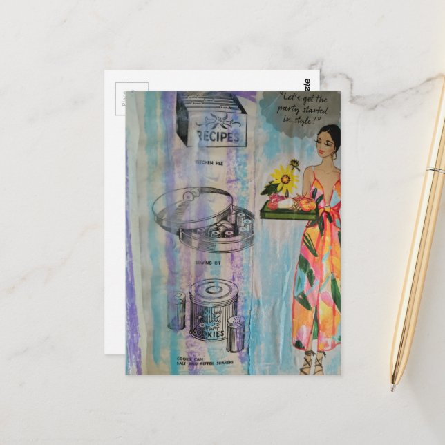 1950s Style Party Mixed Media Collage Postcard (Front/Back In Situ)