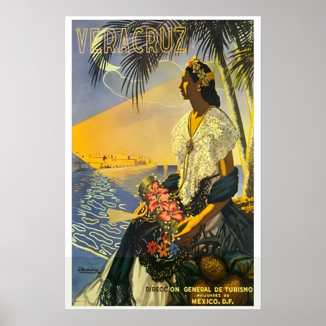 1950s Veracruz Mexico Vintage Style Travel Poster (Front)