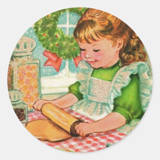1950'S Vintage Christmas Girl Baking Cookies Classic Round Sticker (Front)
