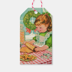 1950's Vintage Christmas Girl Baking Cookies Gift Tags