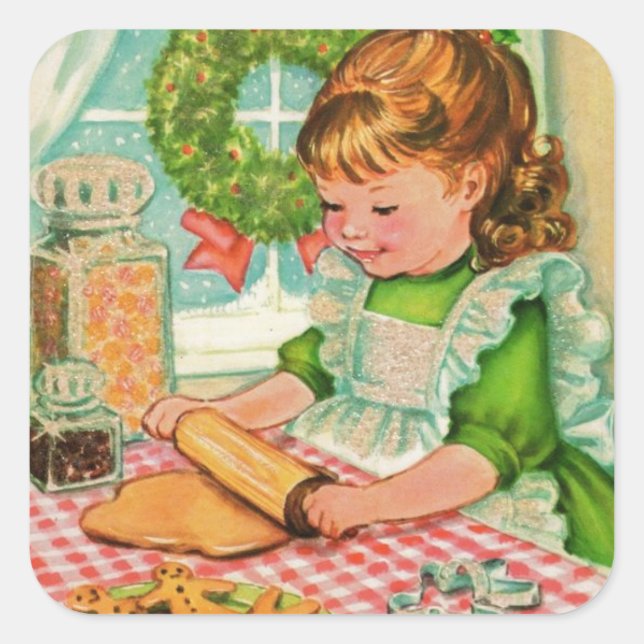 1950's Vintage Christmas Girl Baking Cookies Square Sticker (Front)