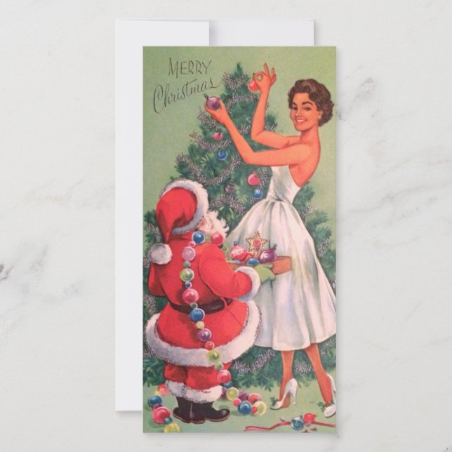 1950s Vintage Christmas Girl Decorating Tree Holiday Card (Front)