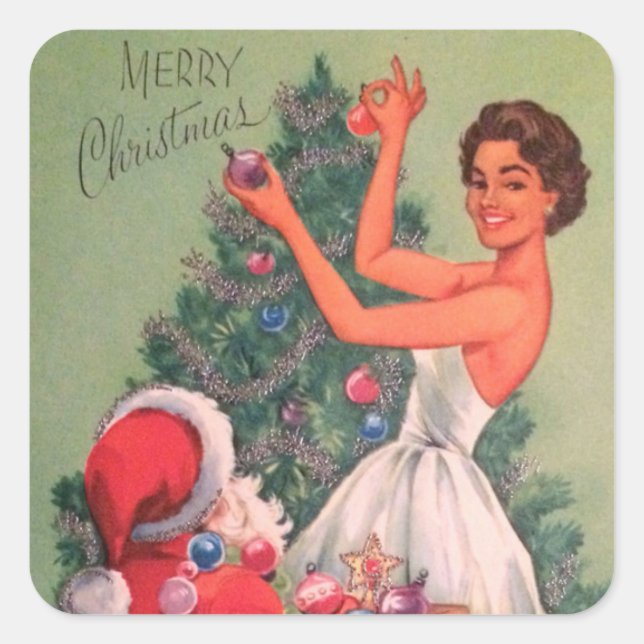 1950s Vintage Christmas Girl Decorating Tree Square Sticker (Front)