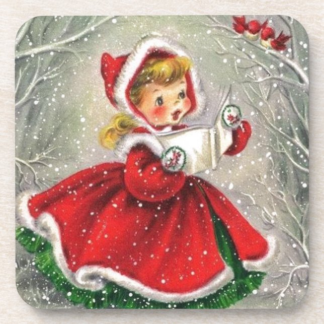 1950s Vintage Christmas Girl In Dress Coaster (Front)