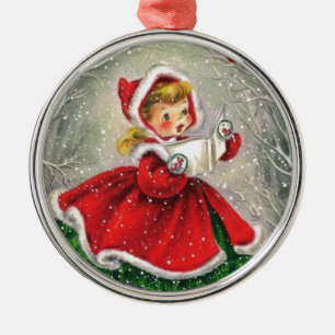 1950s Vintage Christmas Girl In Dress Metal Tree Decoration