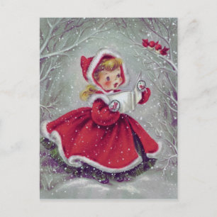 1950s Vintage Christmas Girl in Snow with Birds Holiday Postcard