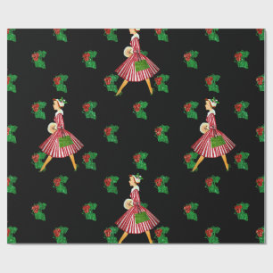 1950s vintage christmas lady black wrapping paper
