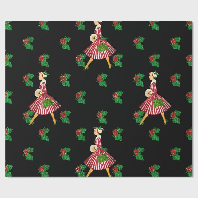 1950s vintage christmas lady black wrapping paper (Flat)
