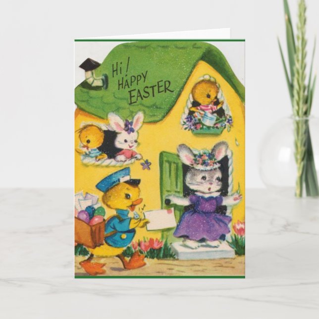 1950s Vintage Happy Easter Animals Holiday Card (Front)